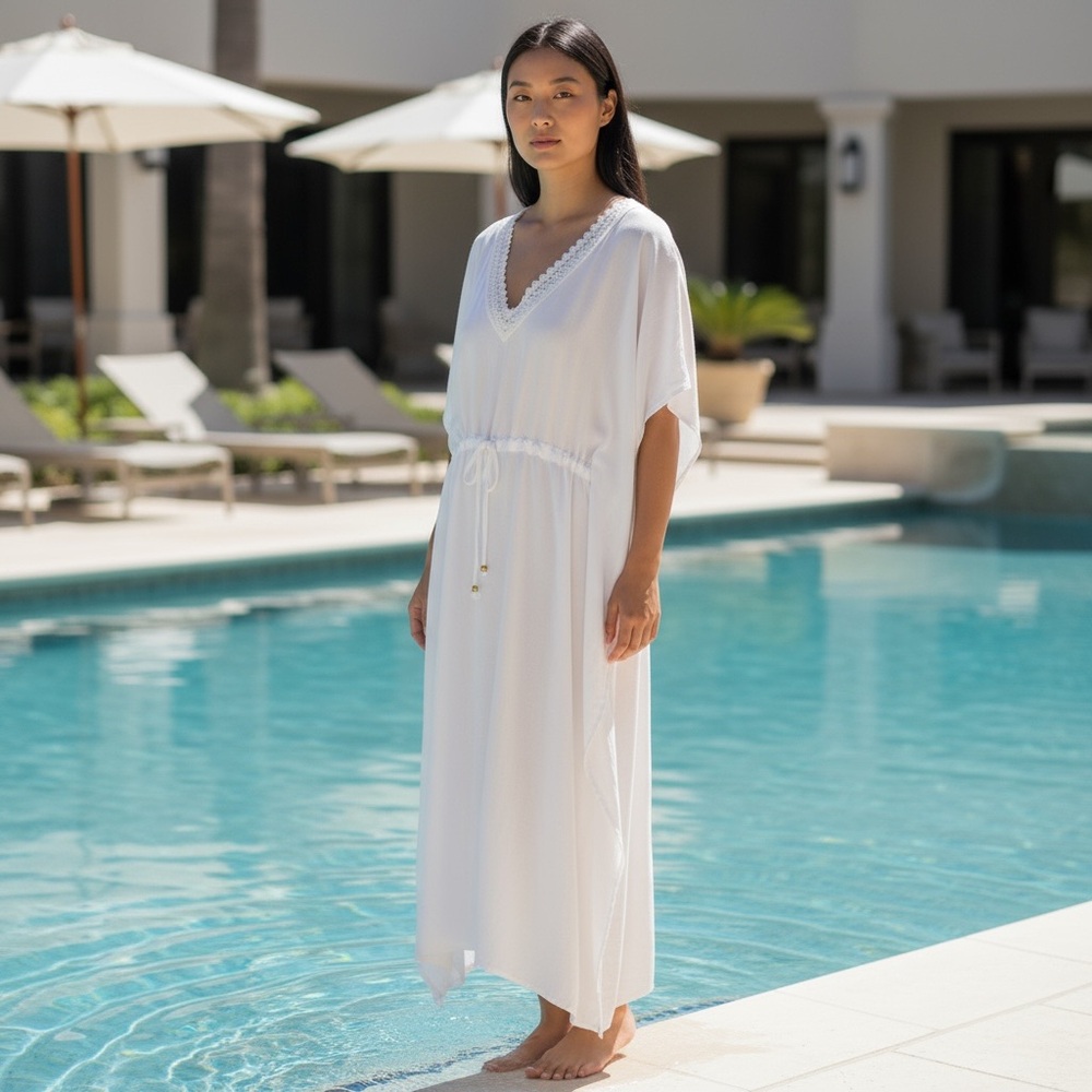 white beach kaftan coverup with crochet , silver metallic threads tie wa…